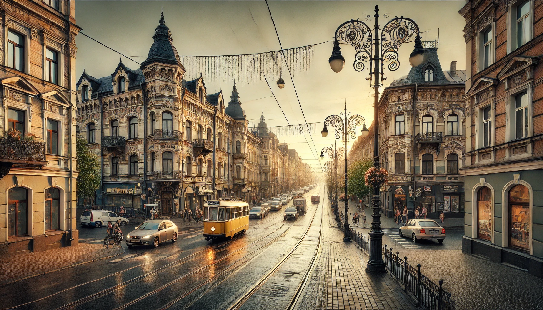Залізничний район міста Львів, вулиця Городоцька_ широка вулиця з історичними будівлями, фасади прикрашені декоративними елементами, трамвай, що рухає
